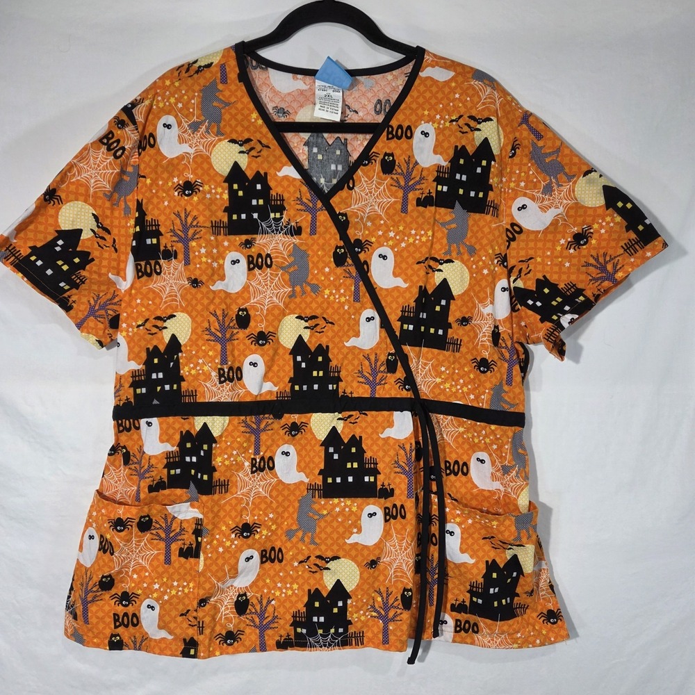 Scrubs H.Q. Scrub Top Women 2XL Orange Good Spooky Halloween Ghost Haunted House